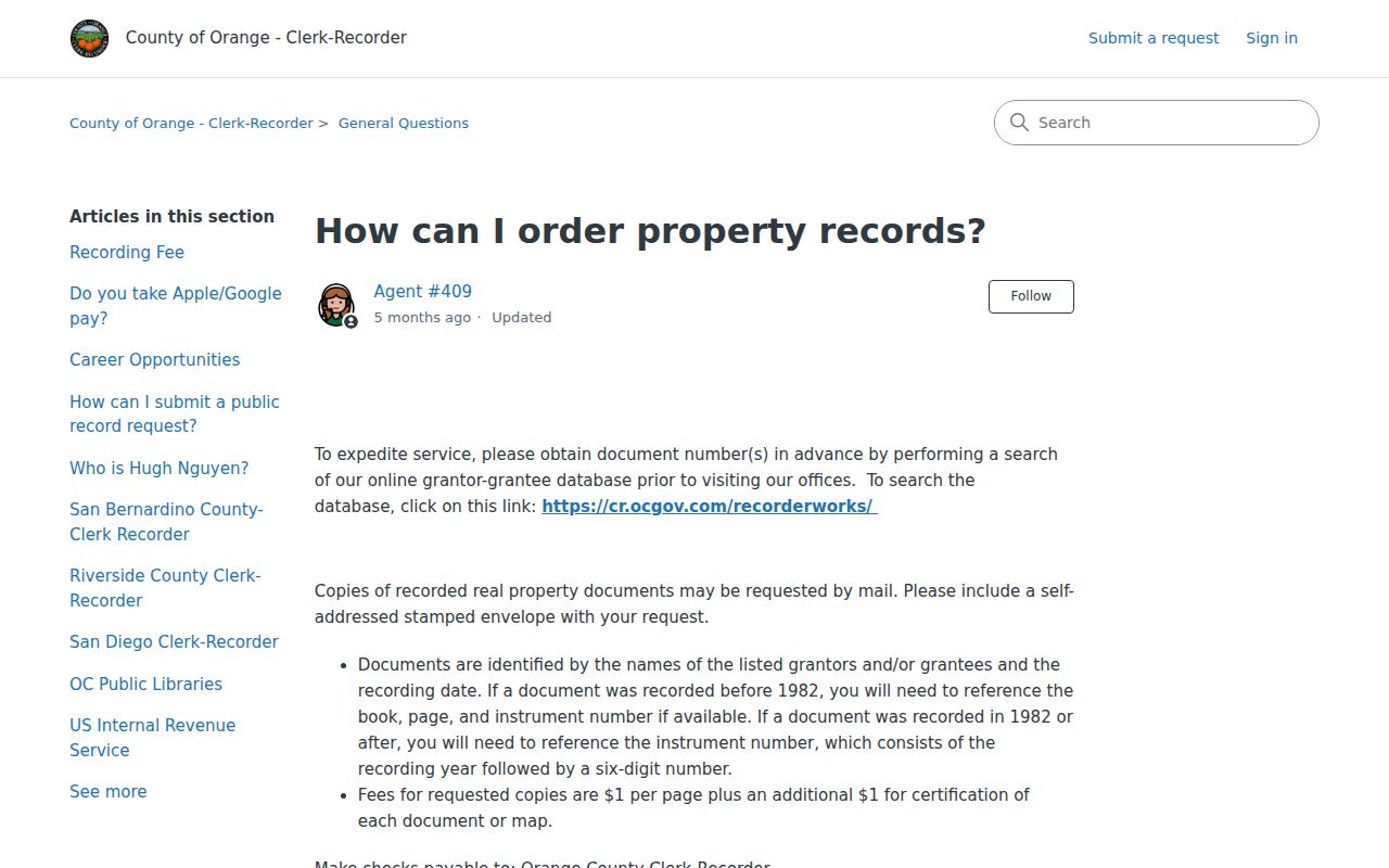Cypress public records Orange County property copy instructions